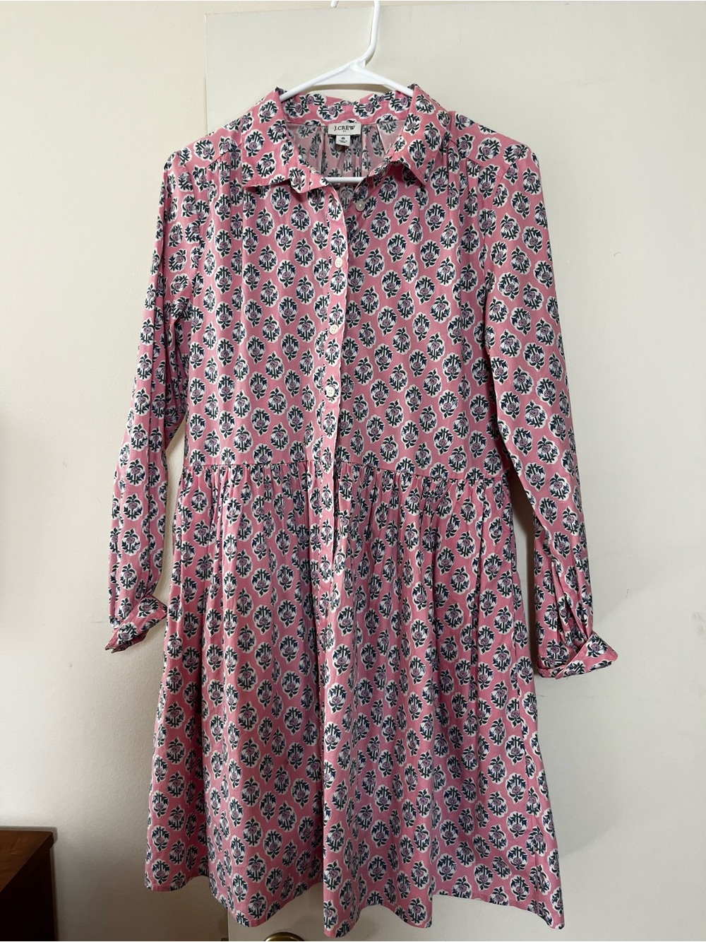 J. Crew Factory Pink Floral Button-Up Long Sleeve Dress- preppy print floral